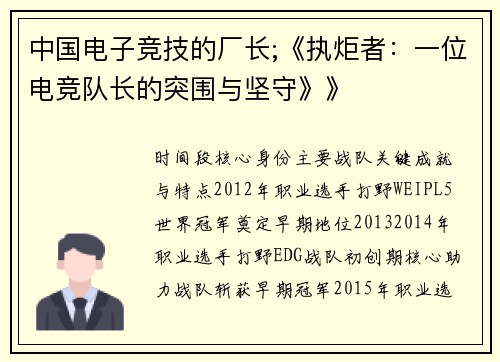 中国电子竞技的厂长;《执炬者：一位电竞队长的突围与坚守》》